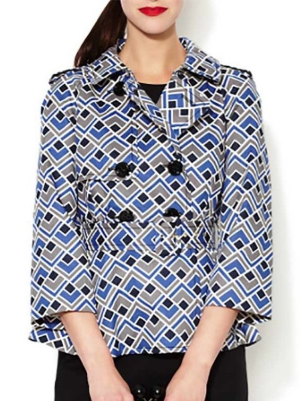 Kate Spade Lettie Trench Coat Geometric-Print Blue & Gray Women’s Belted Coat